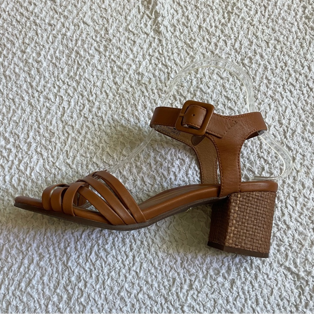 Vionic Peony Heeled Sandal Basketweave Tan Ankle Strap Leather Size 8 - Picture 8 of 12